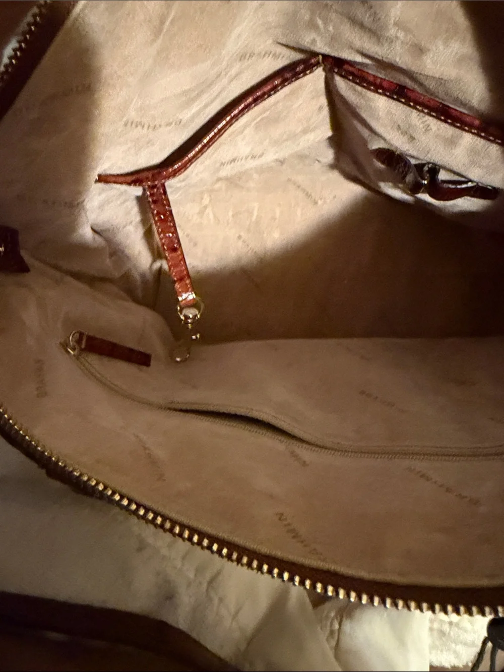 Women's Brahmin pecan Croc-Embossed Satchel Handbag in Cognac Brown with wallet